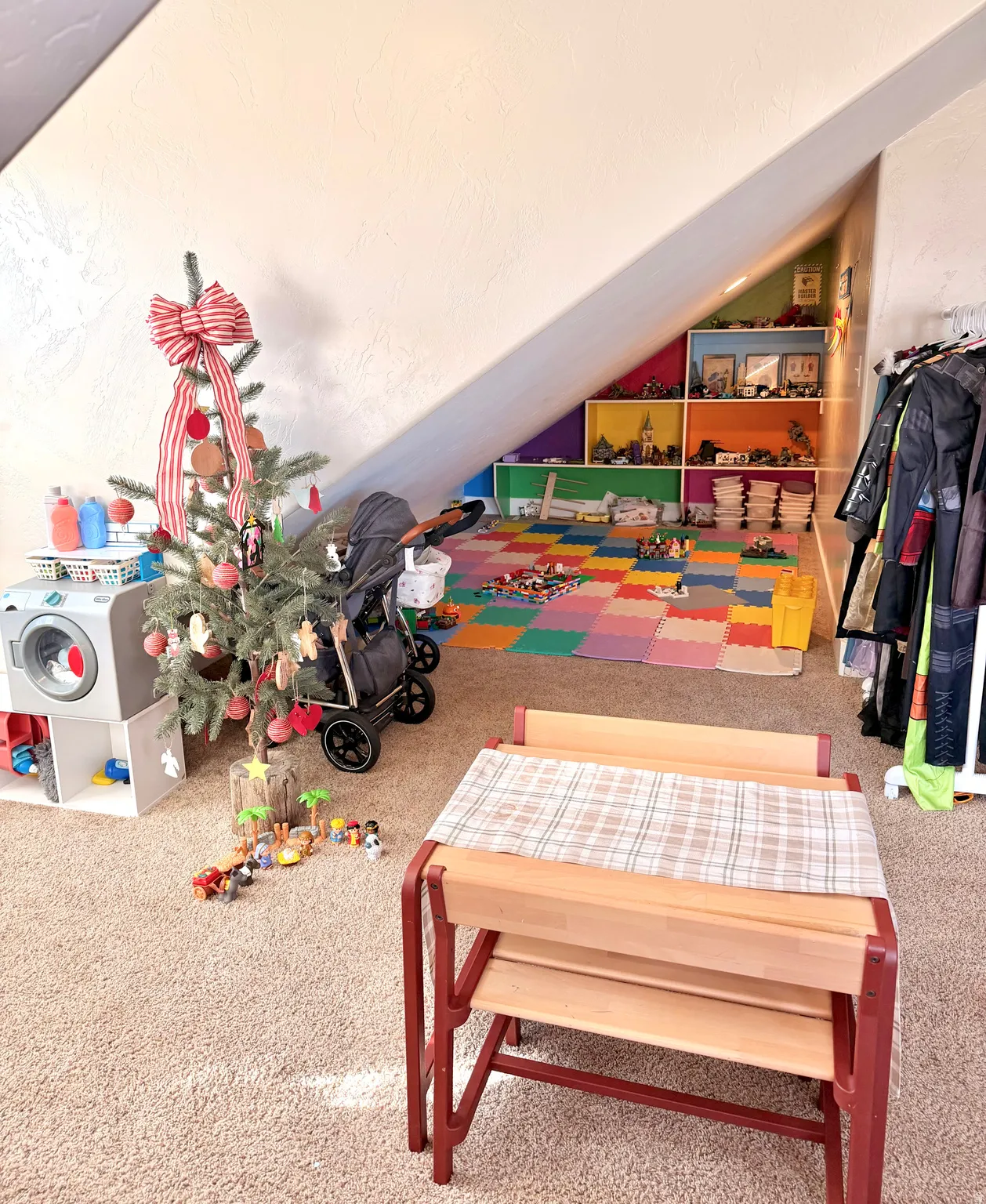Game room featuring carpet and vaulted ceiling