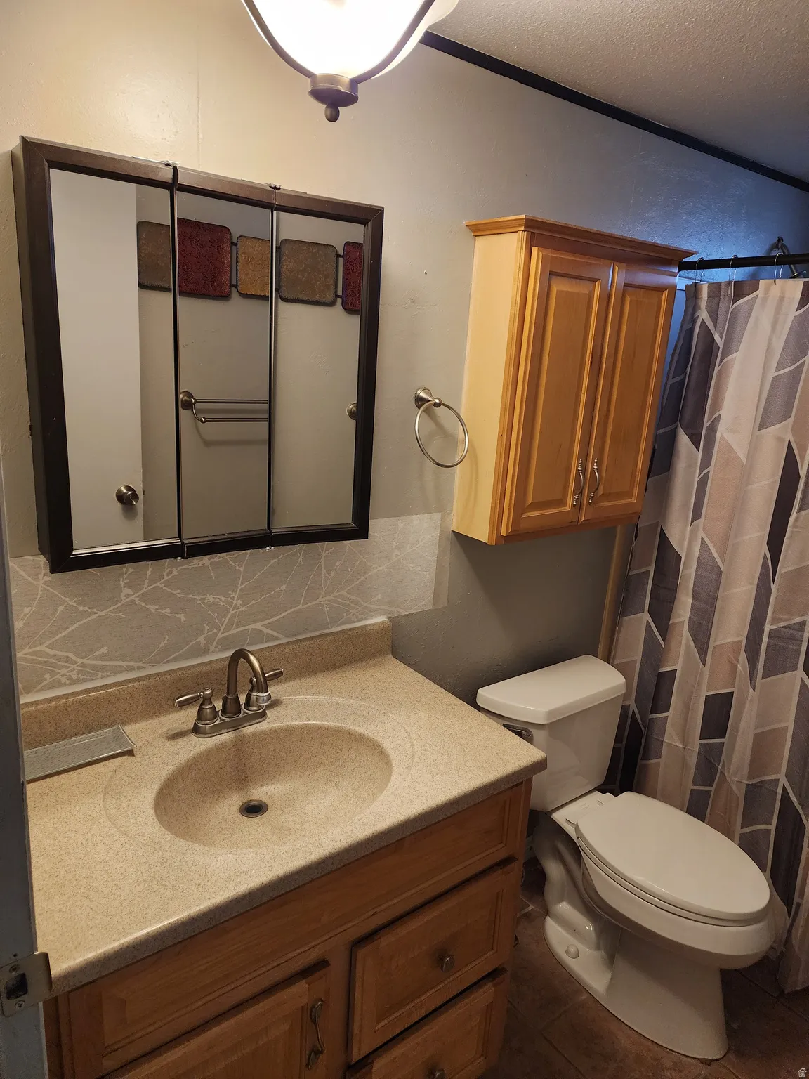 Bathroom with vanity, curtained shower, and dark tile patterned flooring