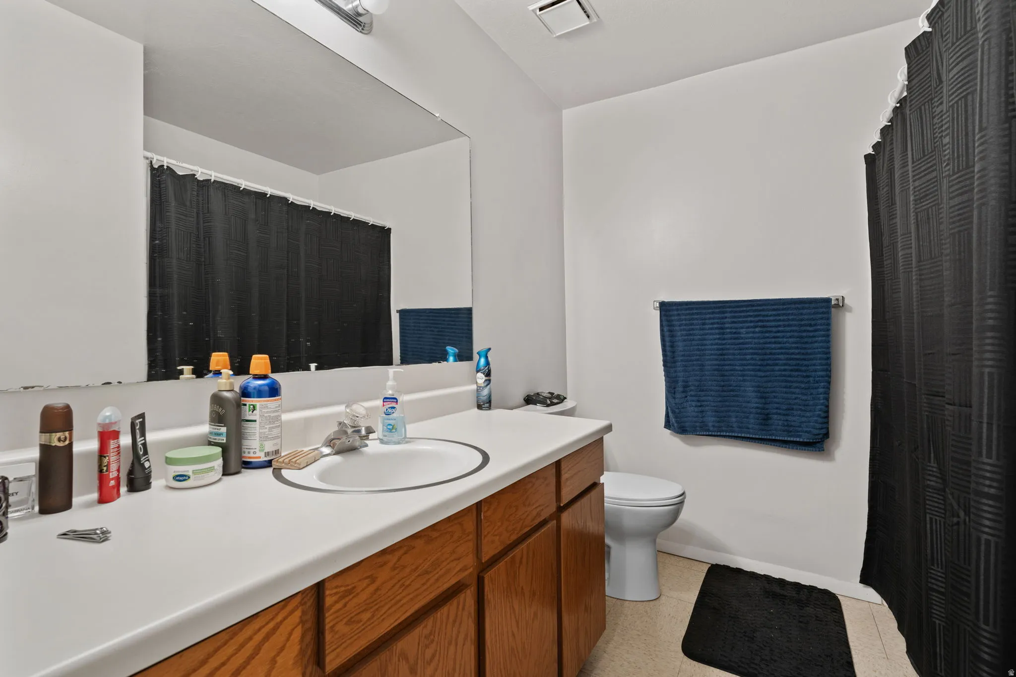 Full bath with vanity and a shower with shower curtain
