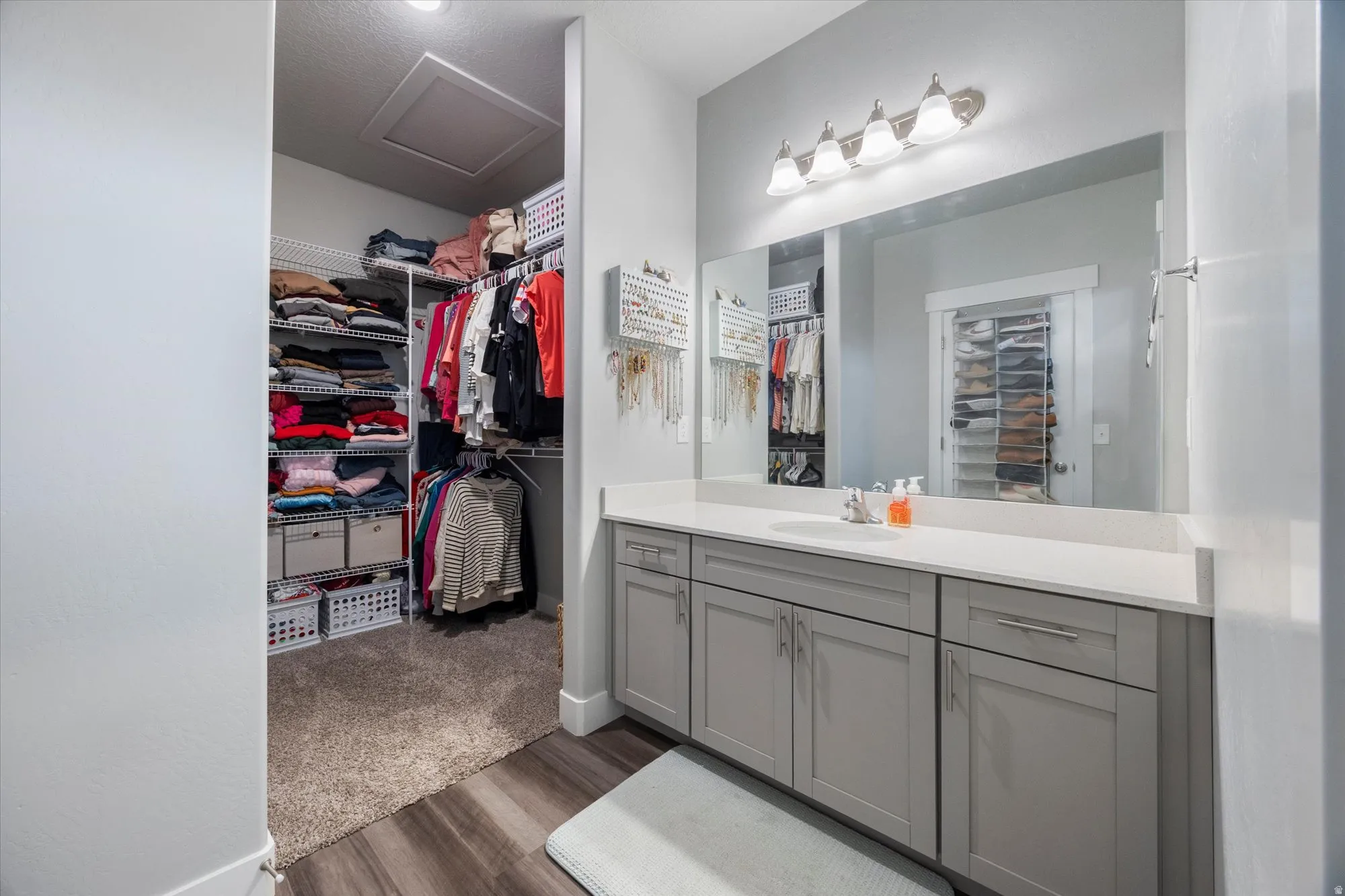 Bathroom with a walk in closet, vanity, and dark wood-style floors