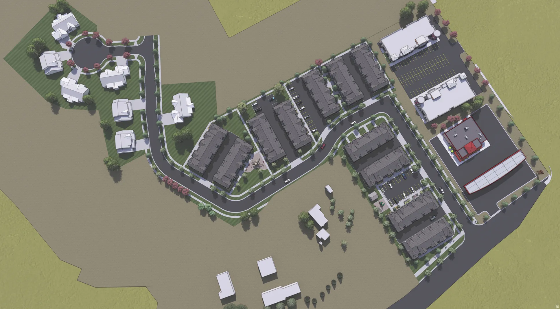 Aerial view of property and surrounding area featuring property parcel outlined