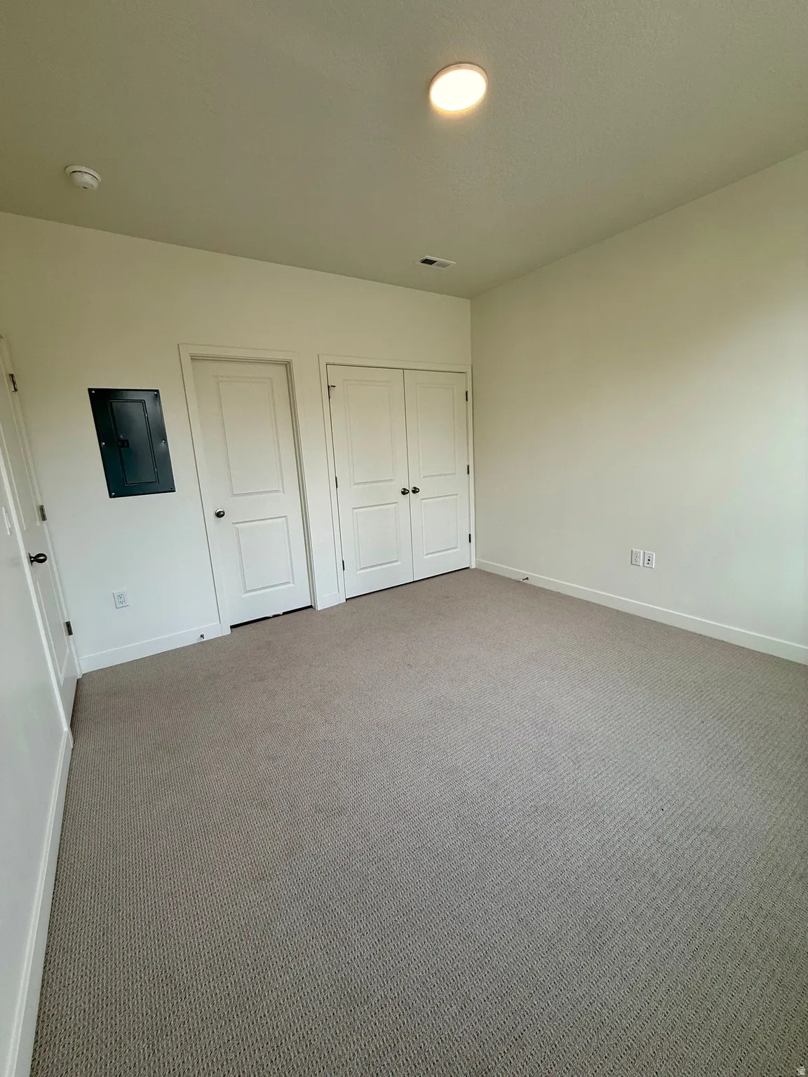 Unfurnished bedroom with carpet flooring and electric panel