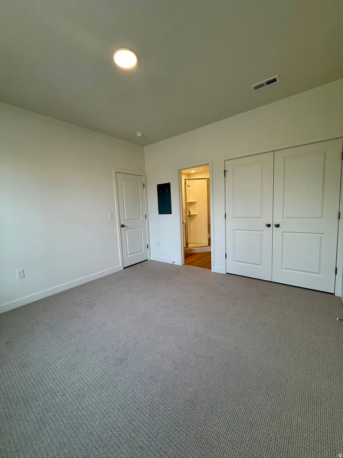 Unfurnished bedroom featuring carpet floors, a closet, and electric panel