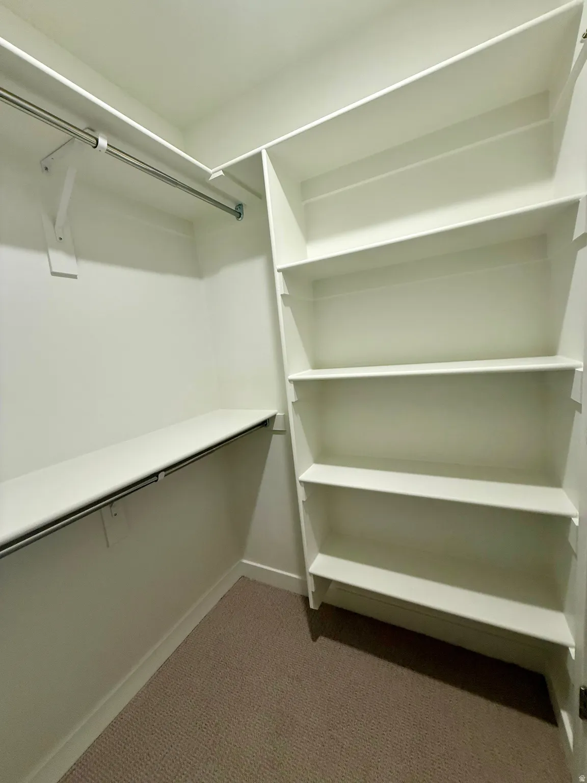 Spacious closet featuring dark colored carpet