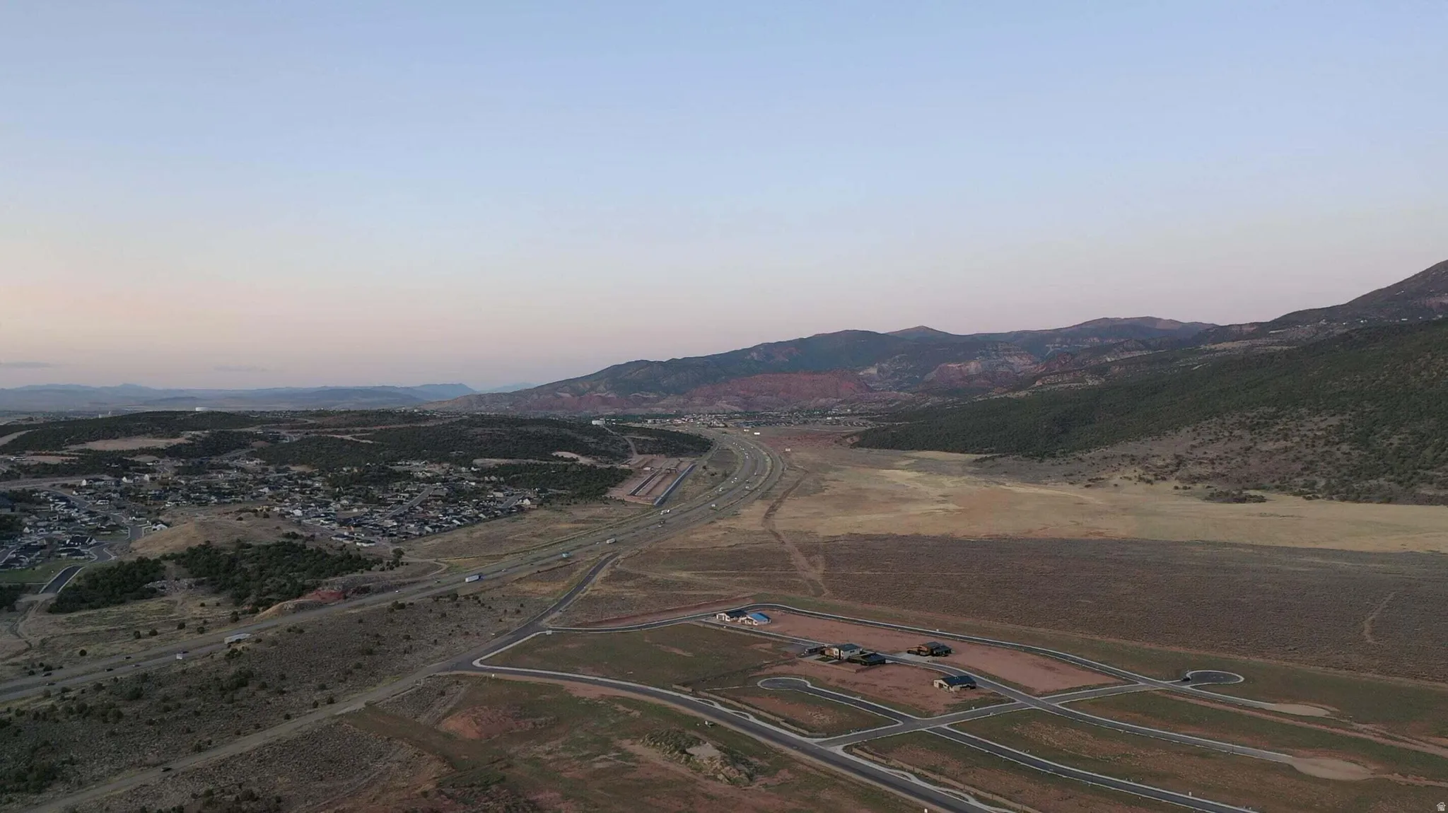 Aerial view at dusk of a mountain view