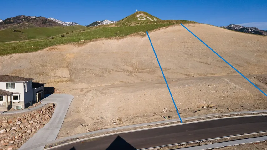 Aerial view of sparsely populated area with a mountain backdrop