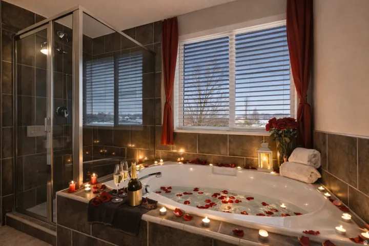 Bathroom featuring a jetted tub and a stall shower