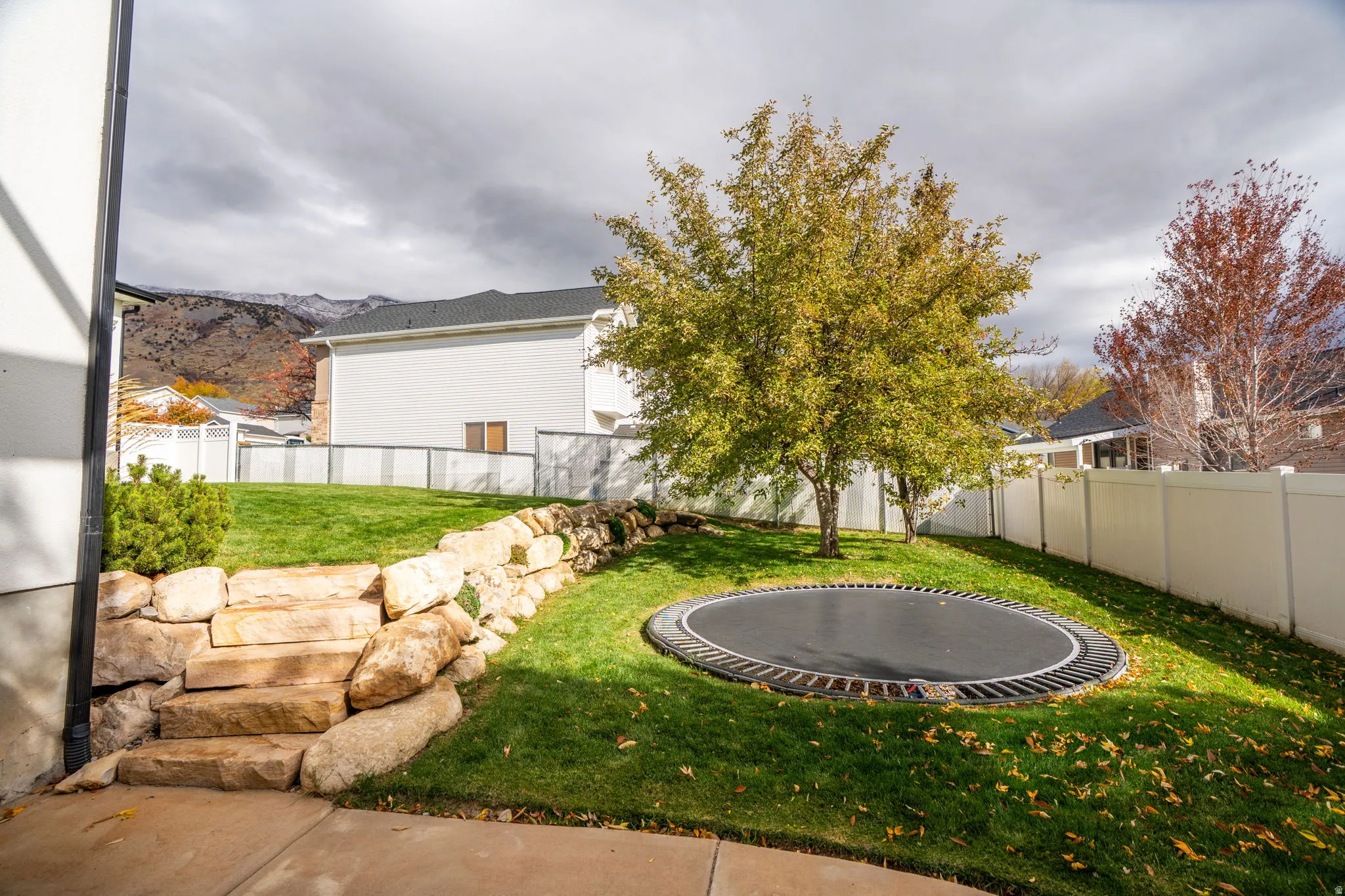 Back yard with views and steps to patio area