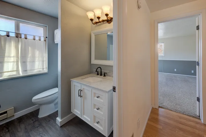 Bathroom with vanity, natural light, and dark wood-style flooring