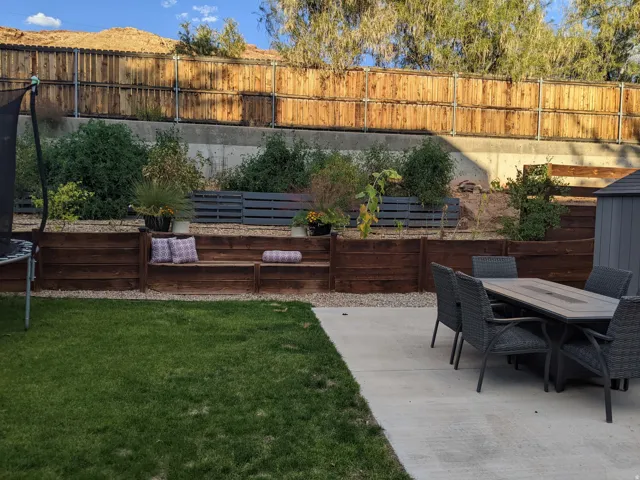 Fenced backyard featuring a patio area and outdoor dining space