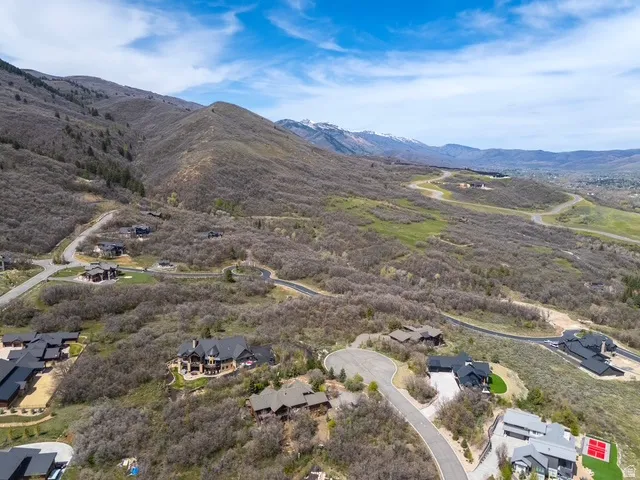 Aerial perspective of suburban area featuring a mountainous background