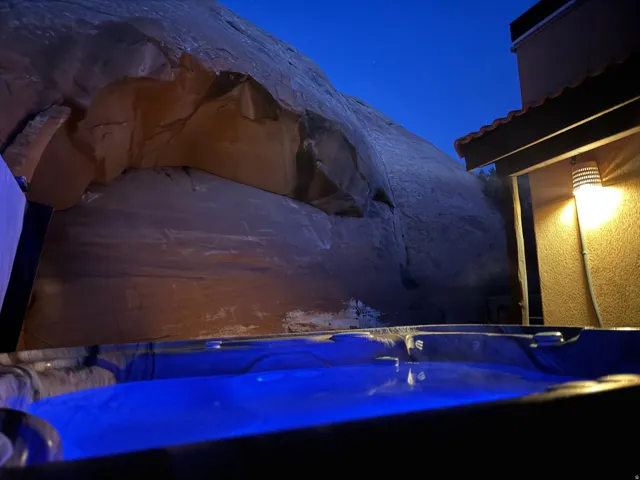 View of pool at twilight