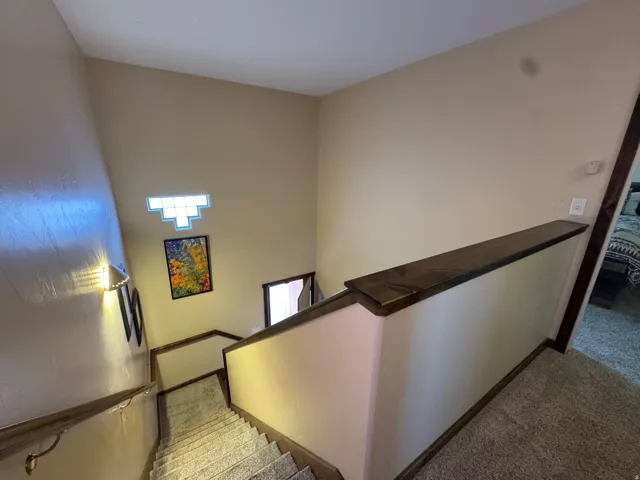 Stairs featuring carpet floors