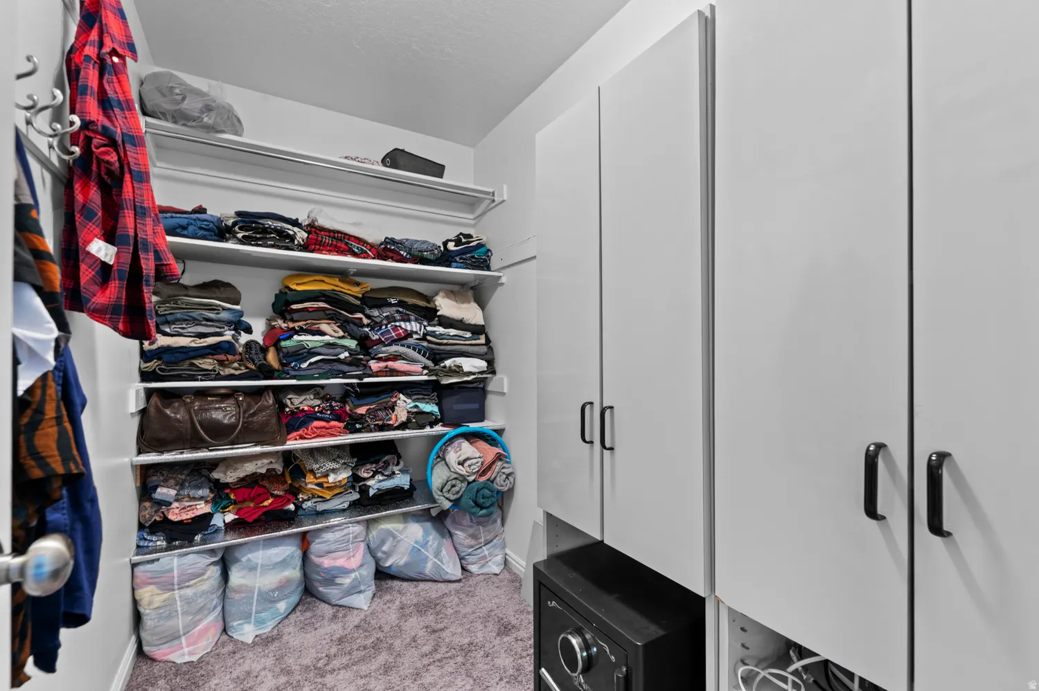 Walk in closet featuring light carpet