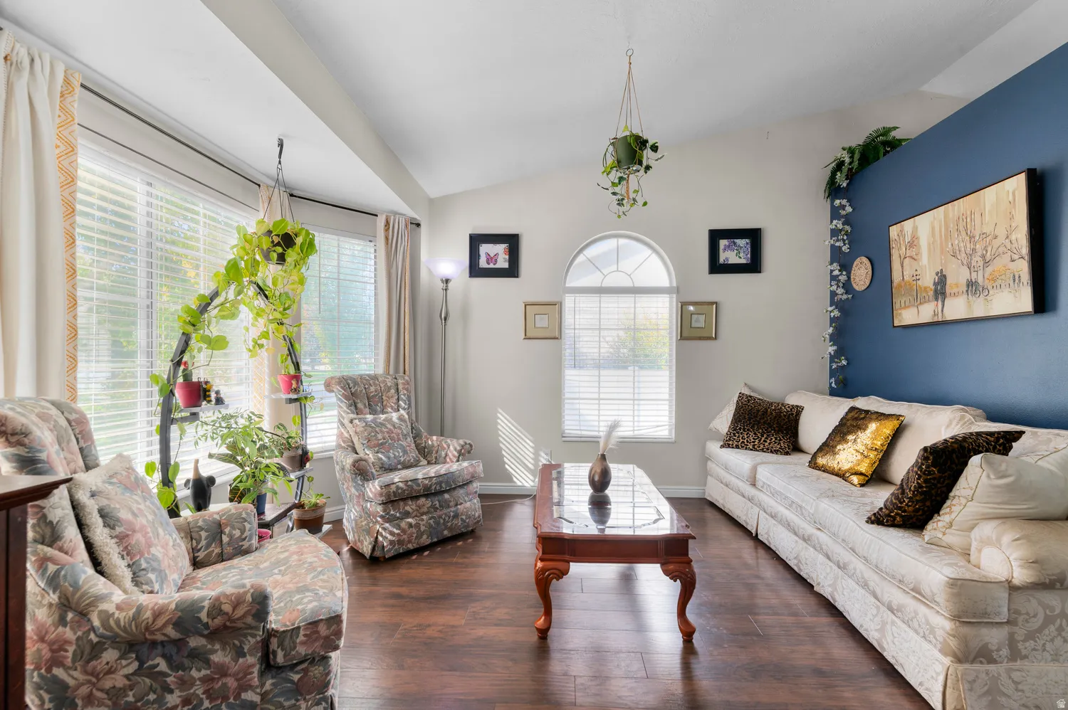 Living room with lofted ceiling and dark wood-type flooring