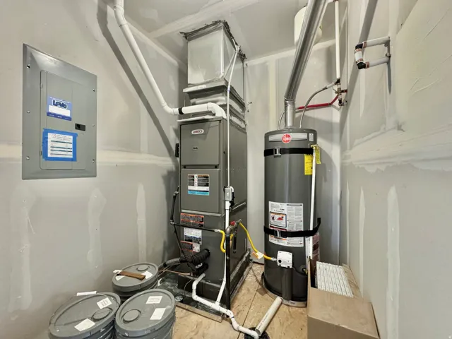 Utilities featuring electric panel, heating unit, and secured water heater