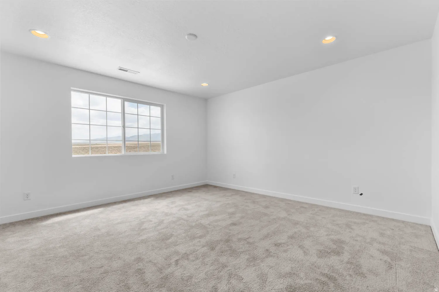 Bright interior space featuring a large grid-pattern window, light gray carpeting, white walls, white baseboards, and recessed ceiling lighting
