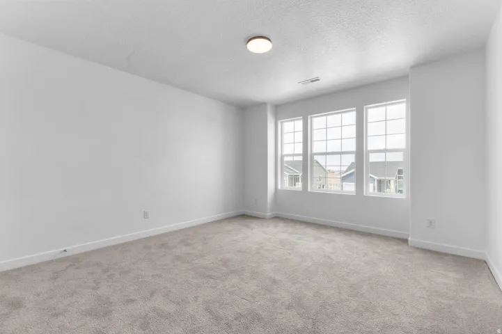 Spacious room featuring three large windows, light gray carpeting, neutral wall paint, and a flush-mount ceiling light fixture