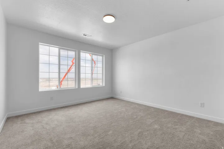 Bright interior space with two large grid windows, neutral tone carpeting, white walls, and a flush-mount ceiling light fixture