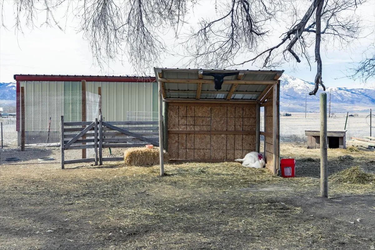 View of pole building featuring a mountain view