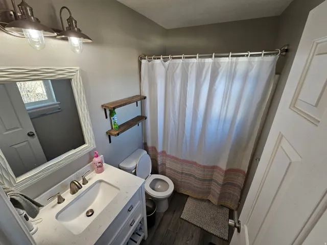 Bathroom featuring curtained shower, vanity, and dark wood-style flooring
