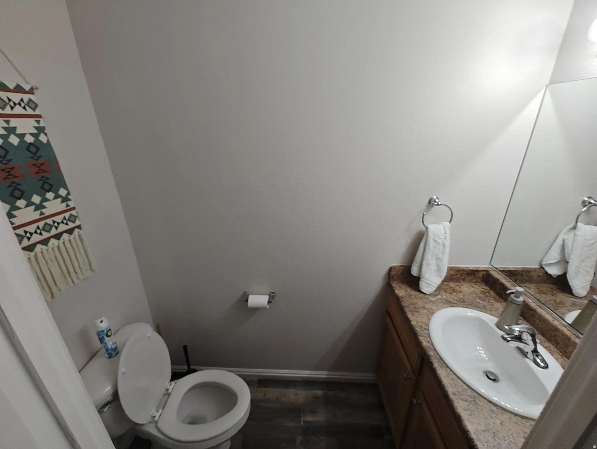Half bath featuring vanity and dark wood finished floors