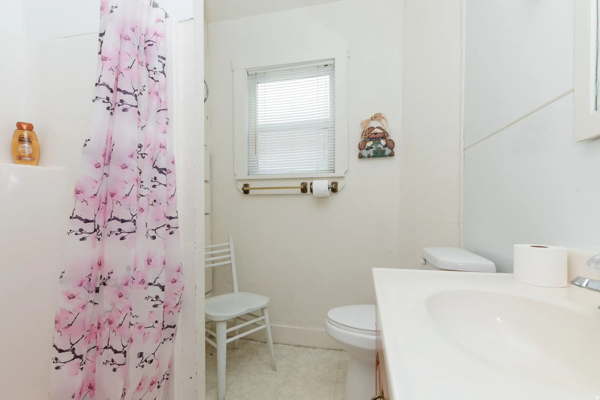 Full bathroom with a shower with shower curtain and vanity