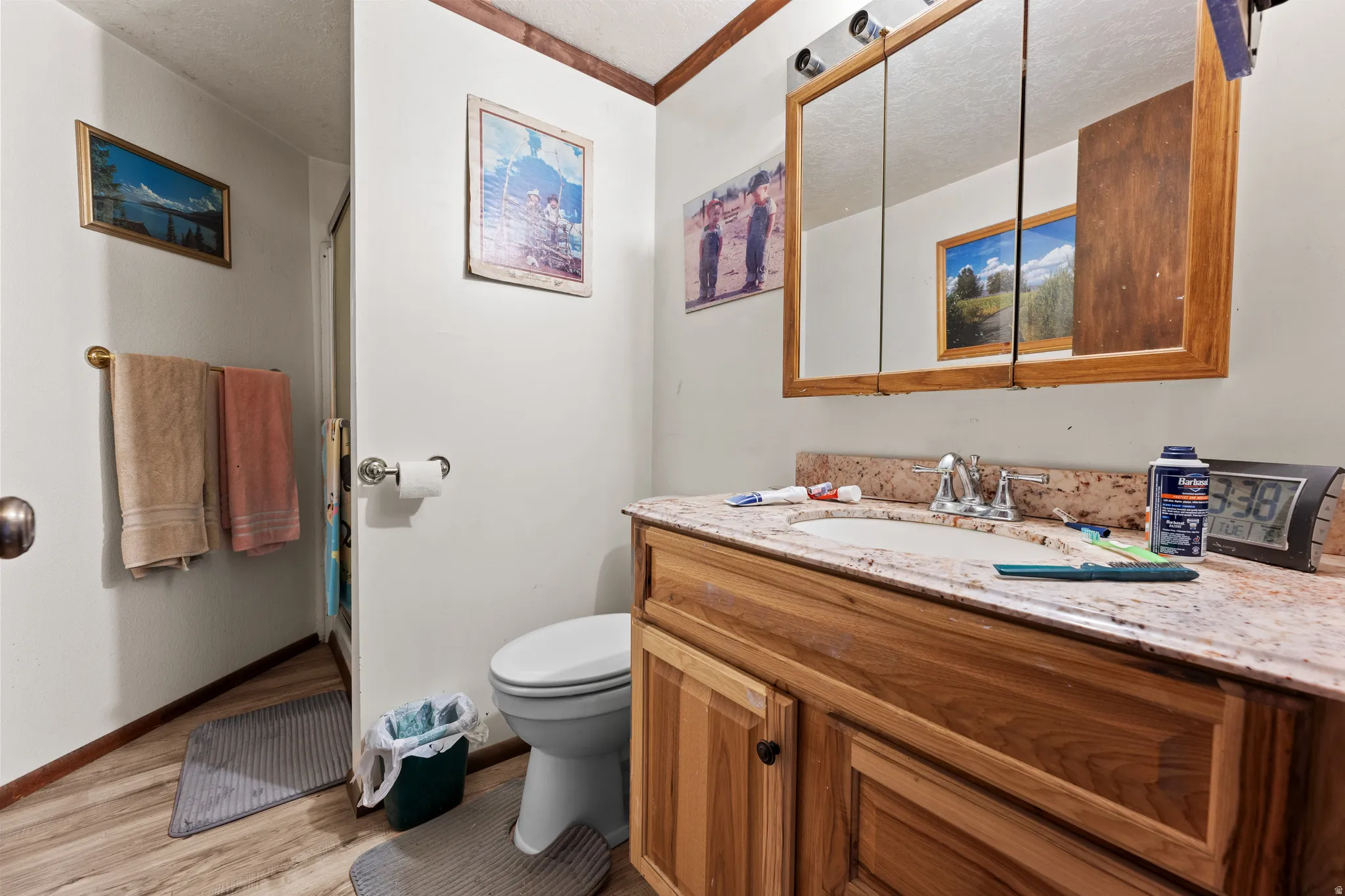 Full bathroom featuring a stall shower, vanity, and light wood finished floors