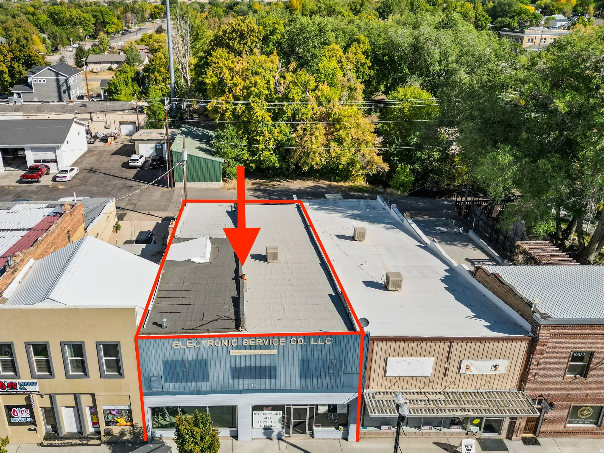 Aerial view of property's location with property parcel outlined and a mountain backdrop