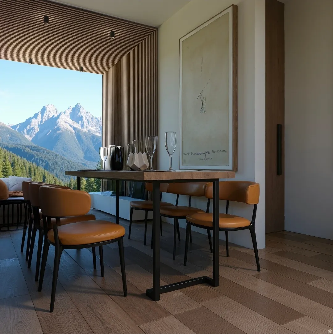 Dining space featuring a mountain view and wood finished floors