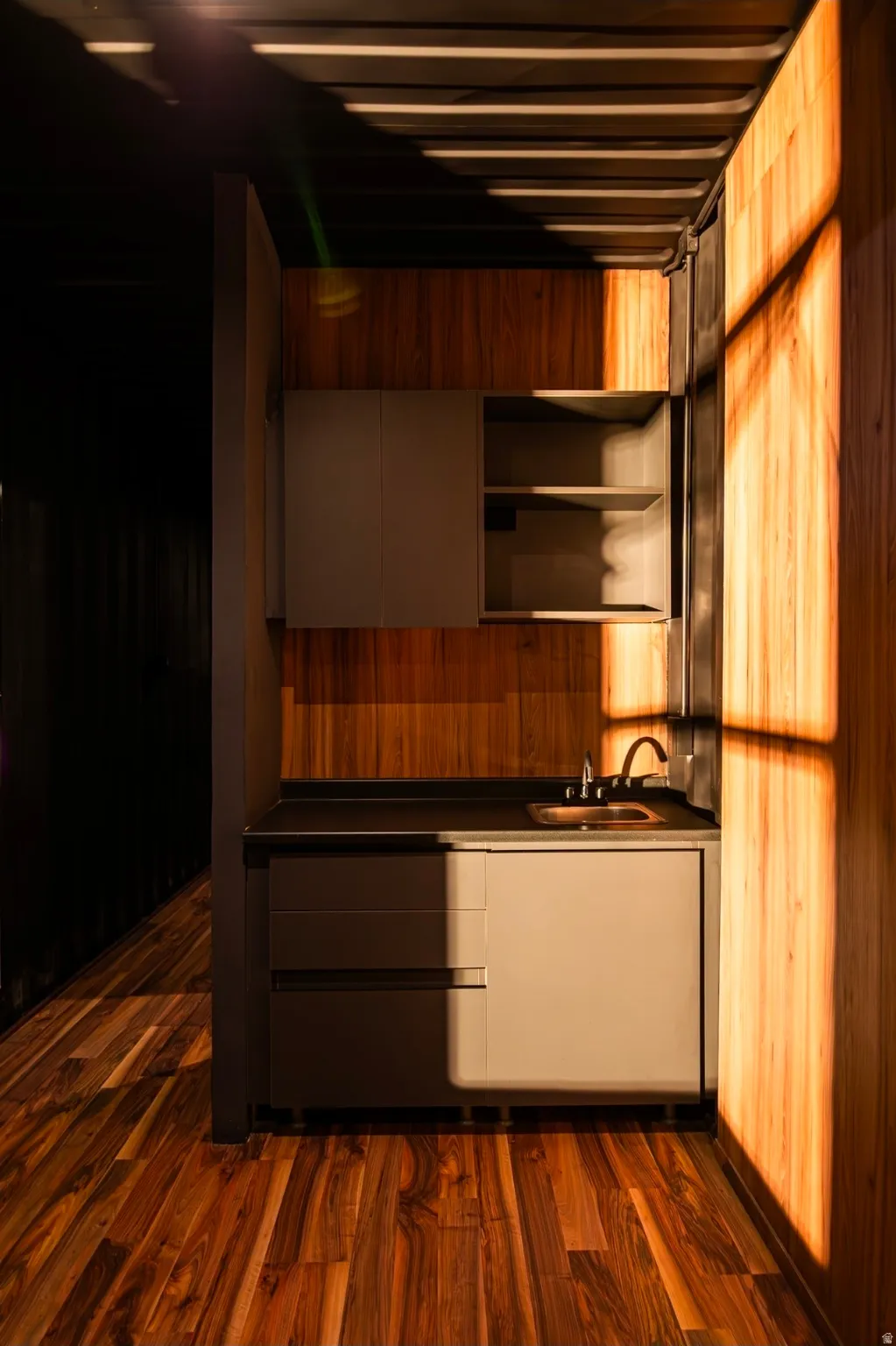 Kitchen with modern cabinets, dark wood finished floors, dark countertops, and wood walls