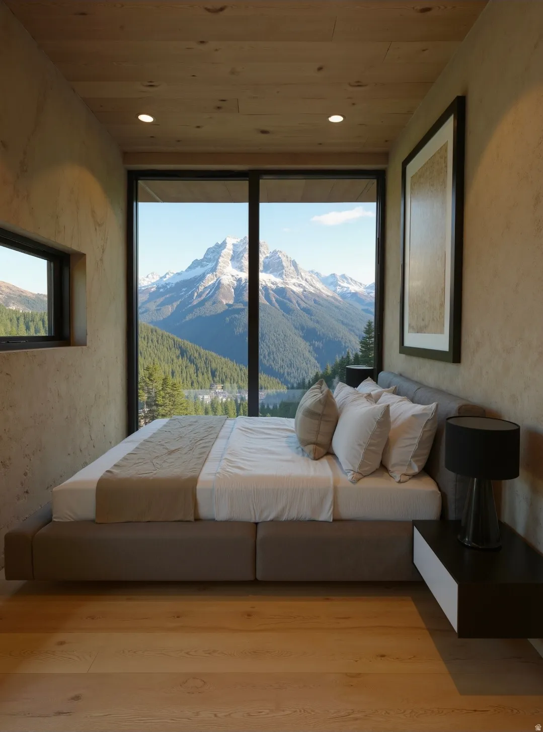 Bedroom featuring a mountain view, access to exterior, wood ceiling, recessed lighting, and wood finished floors