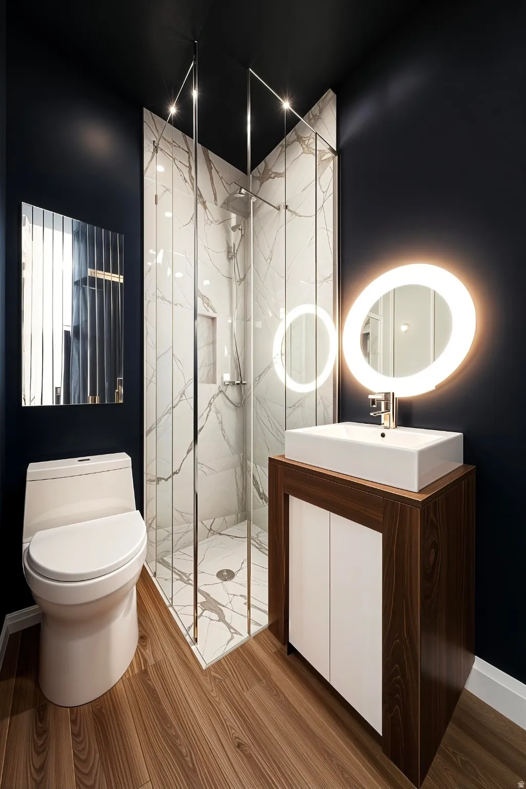 Full bathroom featuring vanity, a marble finish shower, and wood finished floors