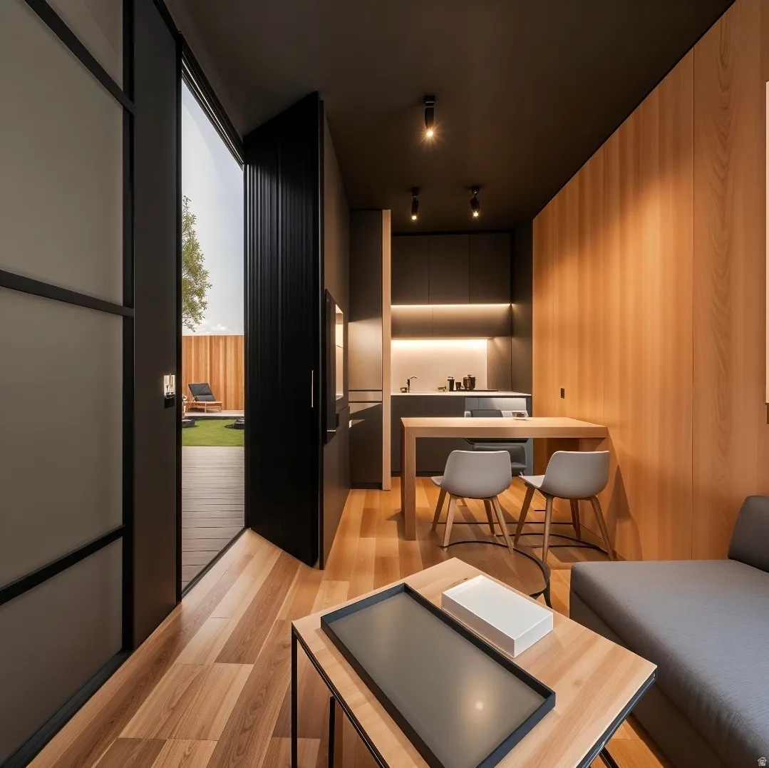 Living room with light wood-style flooring, wooden walls, and rail lighting