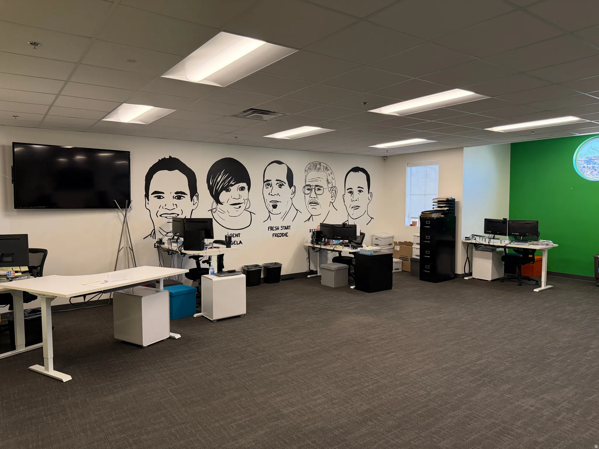 Office area featuring a drop ceiling