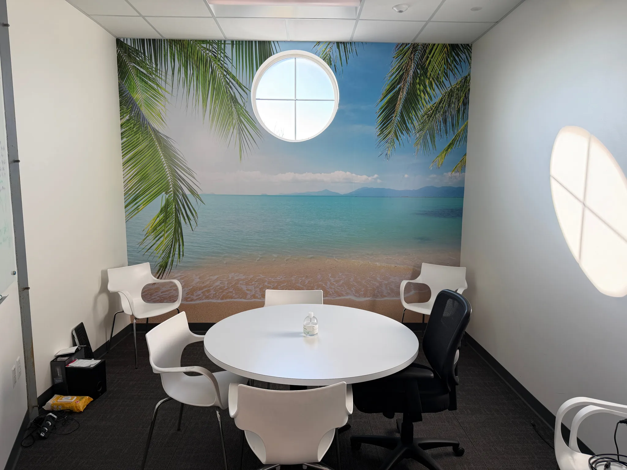 Office with a water view and a paneled ceiling