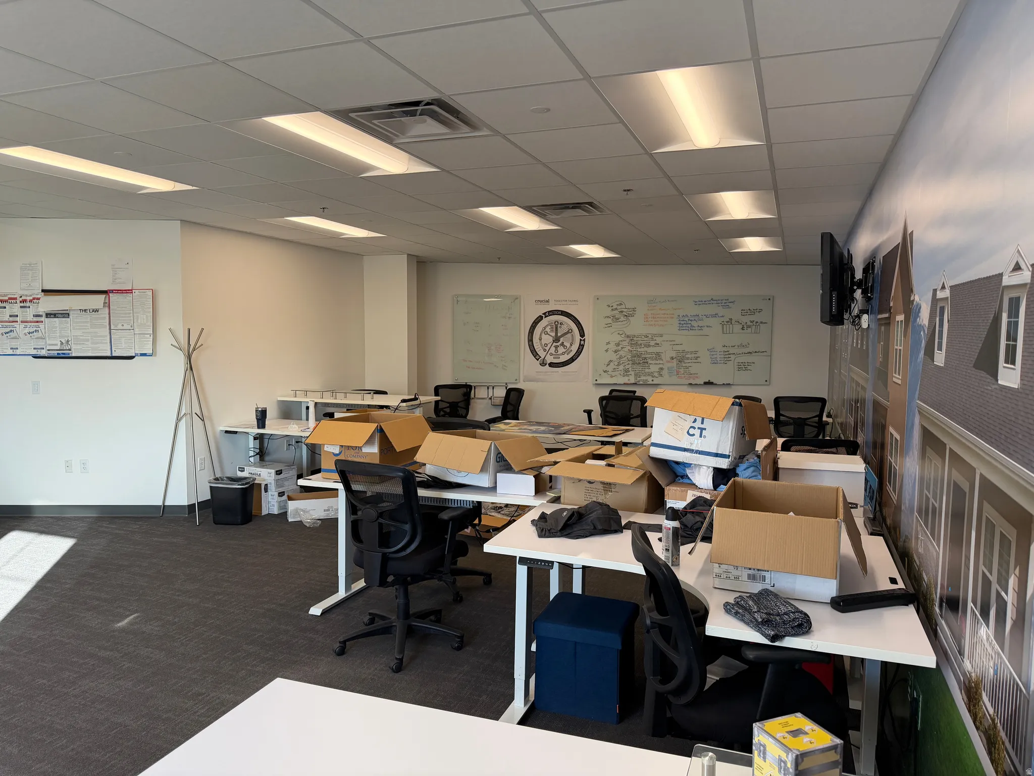 Office area featuring a drop ceiling
