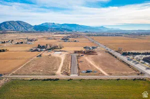 Overview of rural landscape with a mountainous background