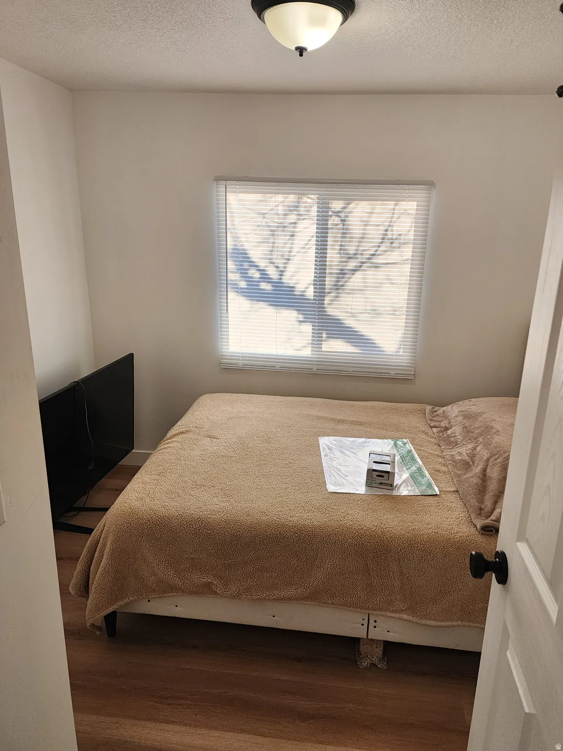 Bedroom with a textured ceiling, dark wood-style floors, and multiple windows