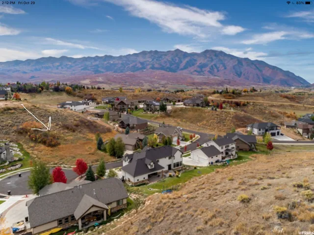 Aerial view of residential area featuring a mountain backdrop