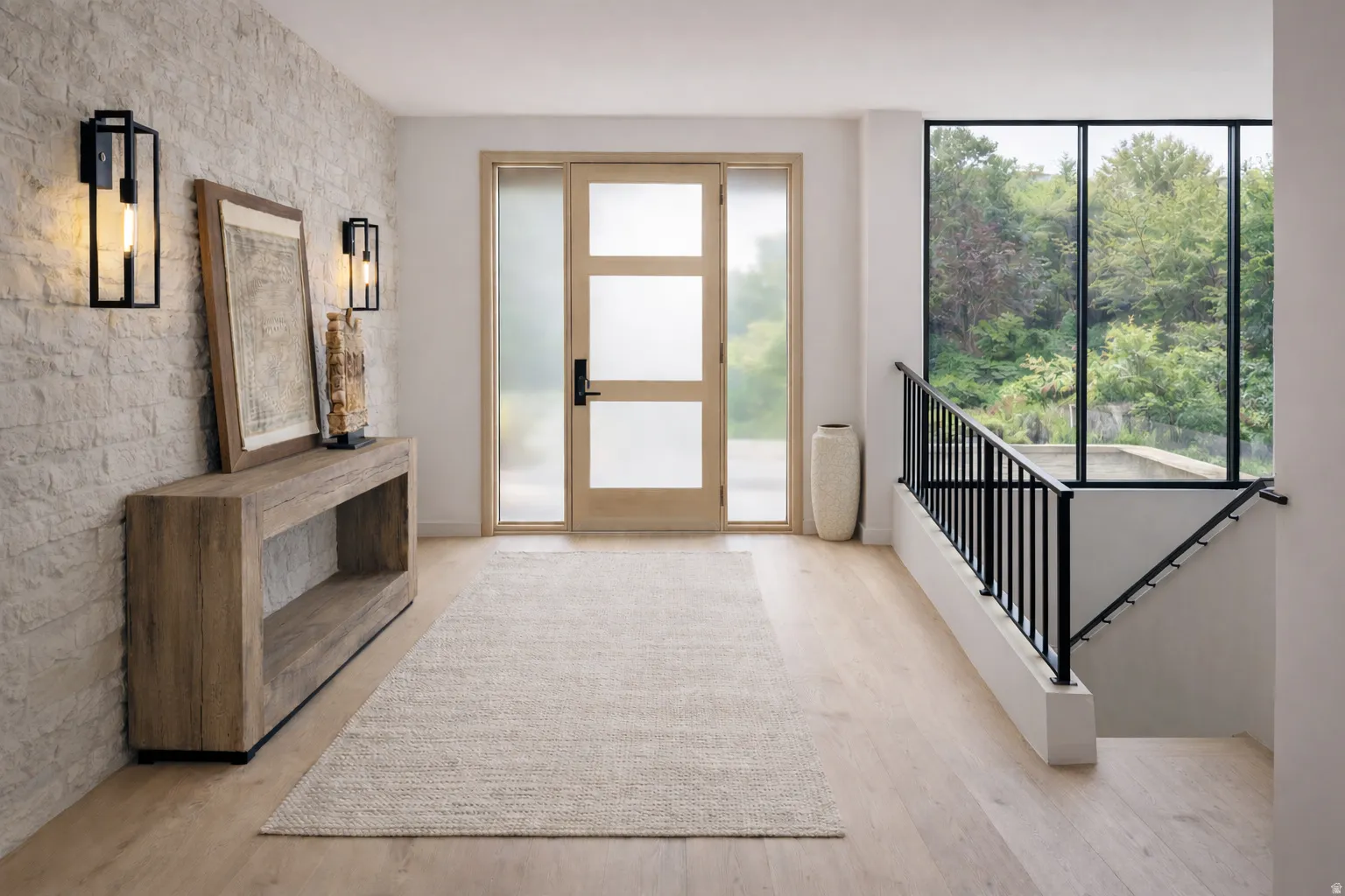 Foyer featuring light wood finished floors and an accent wall