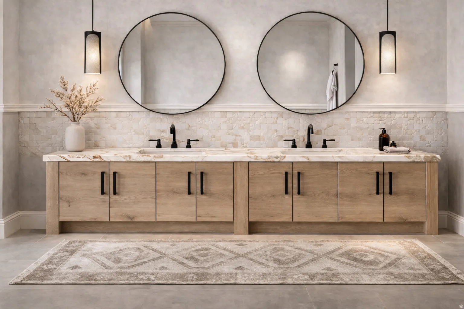 Bathroom with double vanity and light tile patterned floors
