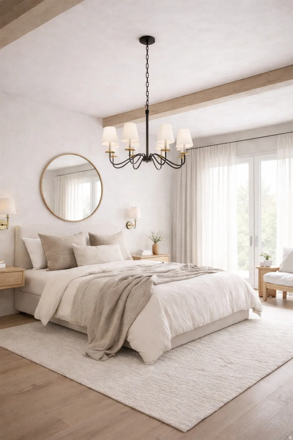 Bedroom featuring beam ceiling, wood finished floors, and suspended lighting