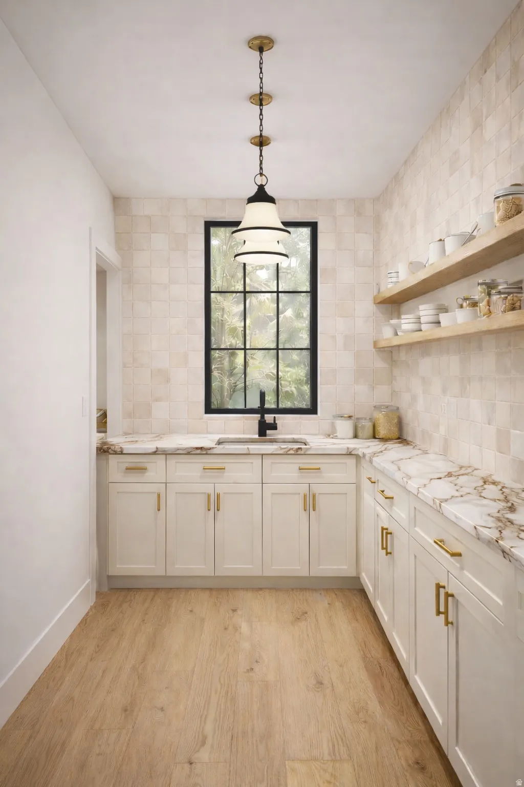 Kitchen featuring light stone countertops, open shelves, light wood-style floors, decorative light fixtures, and tasteful backsplash
