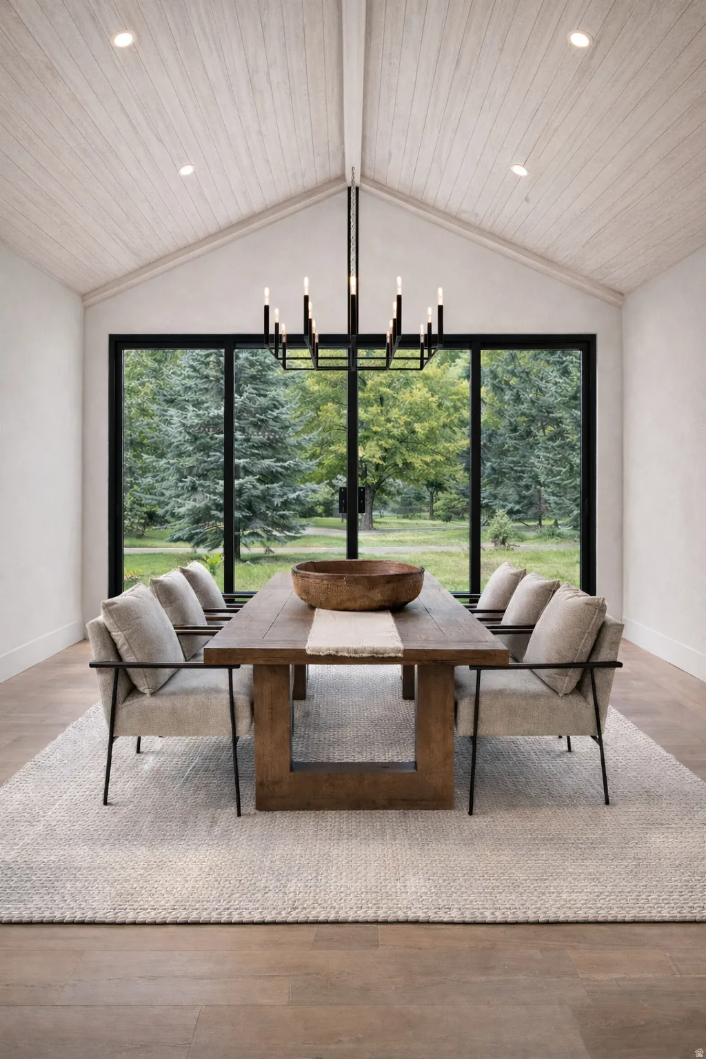 Dining space featuring wood finished floors, a chandelier, wooden ceiling, and plenty of natural light