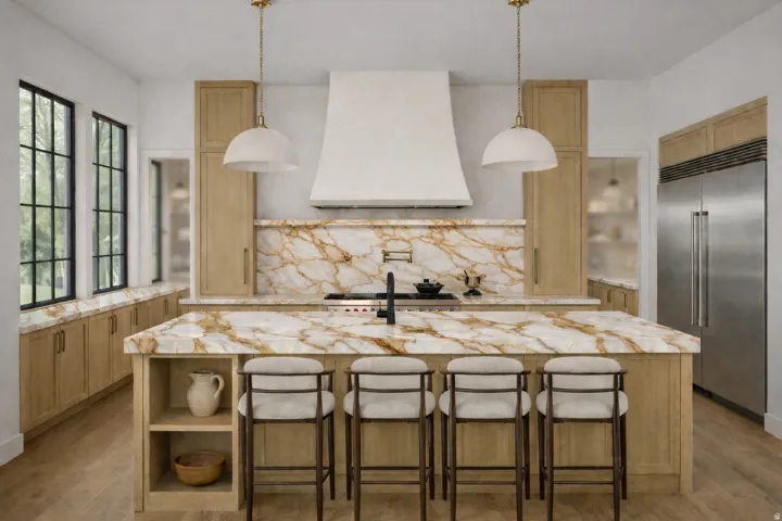 Kitchen with light wood finish cabinetry, light stone countertops, tasteful backsplash, stainless steel built in fridge, and a large island
