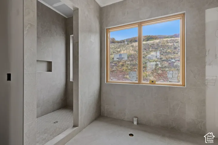 Walk-in shower enclosure featuring large-format stone-finish tile, a built-in recessed niche, and a hexagonal tile floor