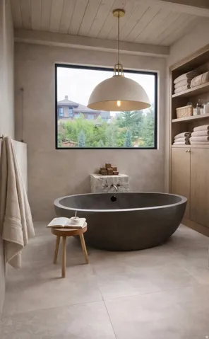 Bathroom featuring wooden ceiling, a freestanding bath, and plenty of natural light