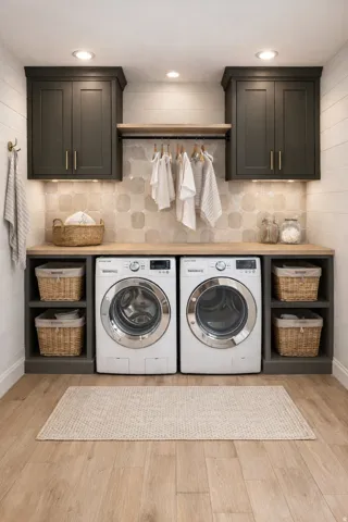 Laundry room with cabinet space, washing machine and clothes dryer, light wood-style floors, and recessed lighting
