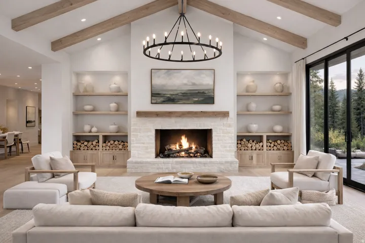Living room featuring built in shelves, a stone fireplace, and light wood-style floors